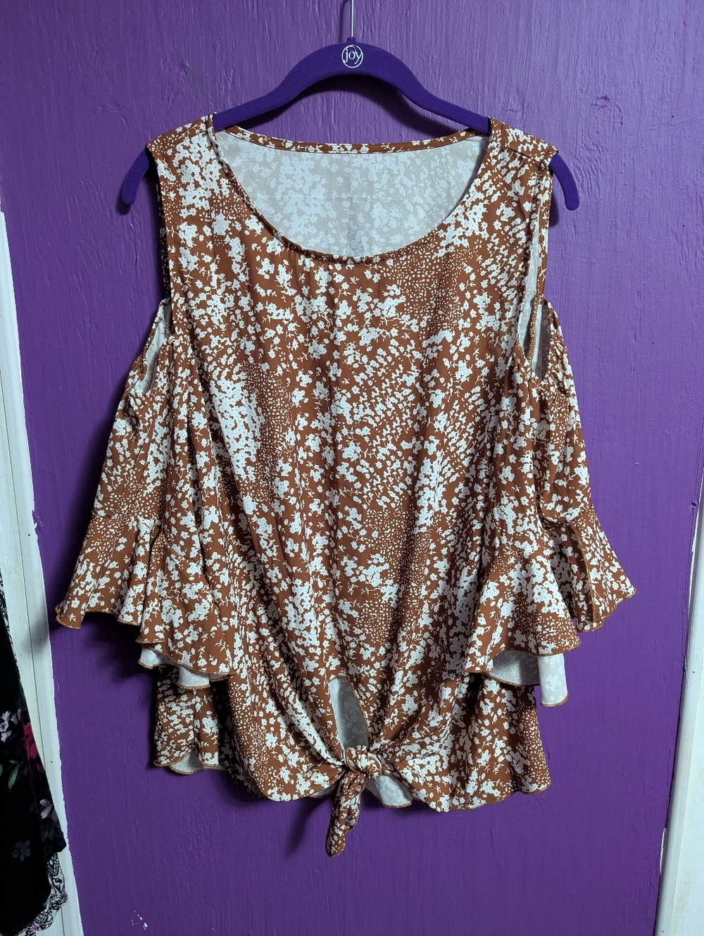 4. Brown White Floral Tie Front Cold Shoulder Ruffle Sleeve Blouse XL 16 18